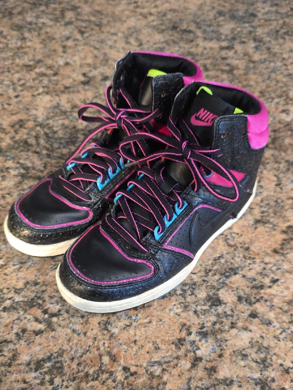 Nike Black High-Top Sneakers with Pink and Teal Accents Size 6Y